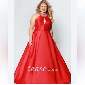 Tease Prom Cherry Red Satin Beaded Halter Cleopatra Glam Full Skirt Formal Dress